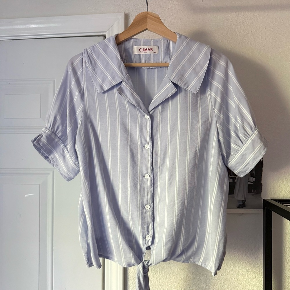 CUMAR Italy blue‎ chambray striped cotton puff short sleeve button up tie front